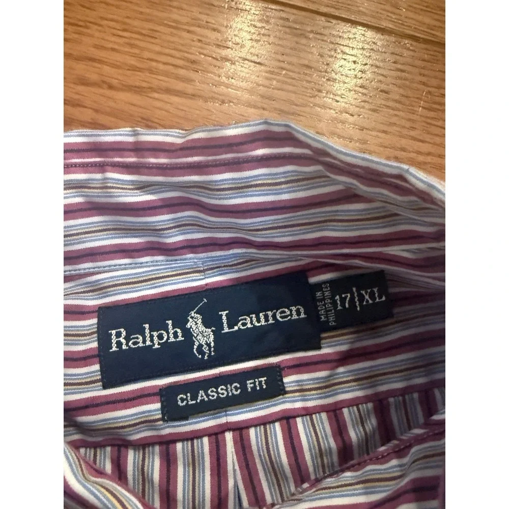 Polo Ralph Lauren Shirt Men XL Purple Blue Stripe Long Sleeve Casual Classic Fit